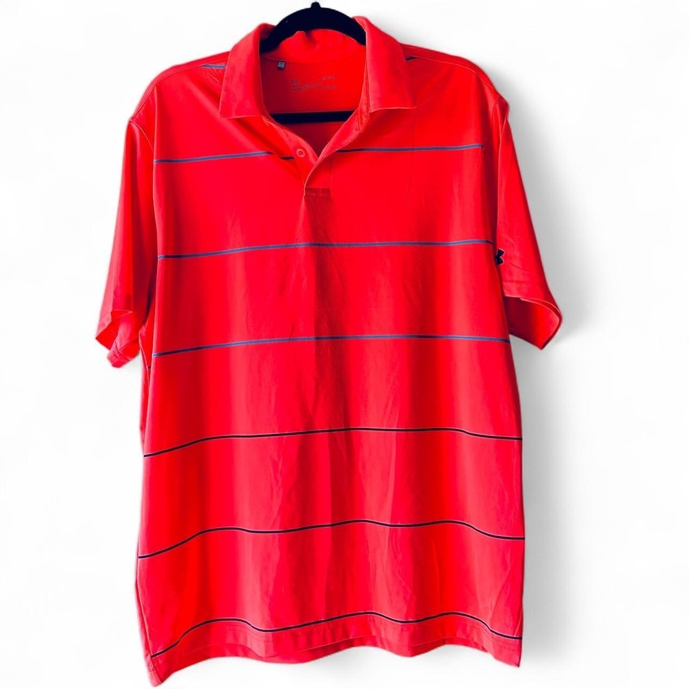 Under Armour large bright orange striped golf‎ polo EUC